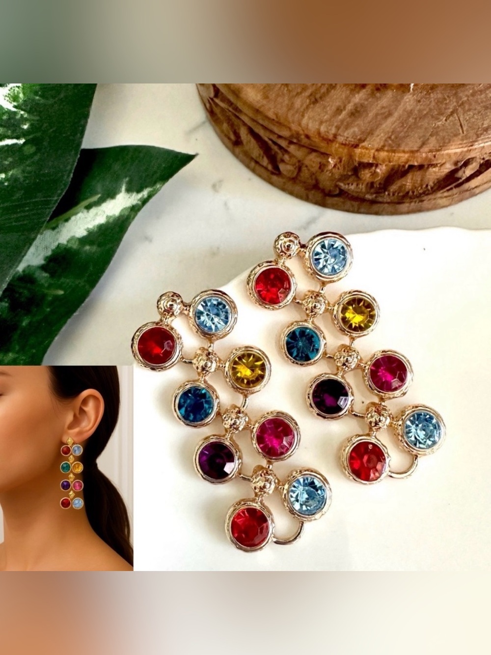 2/$30🌵 Gold Circle Multicolor Rhinestone Earrings Sparkle Linear Jewelry NEW